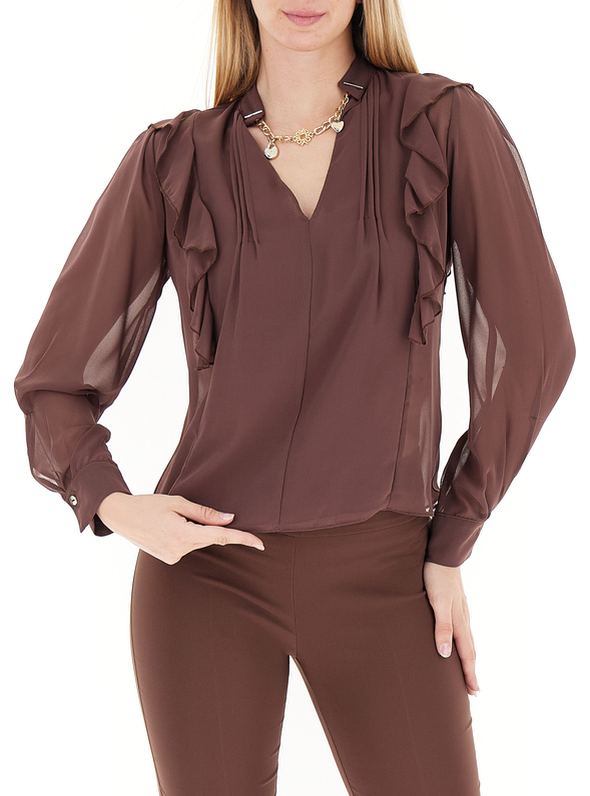 Blusa con volants MARRONE XL